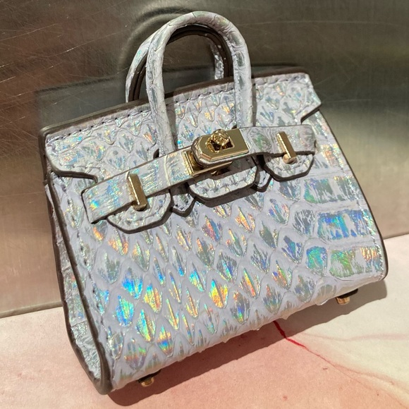🐍 👜 Handmade Genuine Leather Mini Holographic Lilac Snakeskin Birkin Bag Charm - Picture 2 of 12